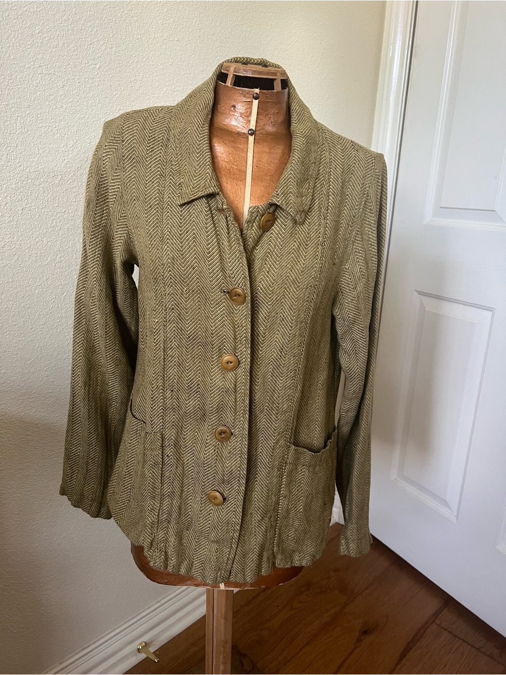 Flax Olive Herringbone Button Jacket